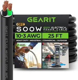 GearIT 10/3 10 AWG Portable Power Cable (25 Feet - 3 Conductor) SOOW 600V 10 Gauge Electric Wire for Motor Leads, Portable Lights, Battery Chargers, Stage Lights and Machinery -25ft Electrical Cord