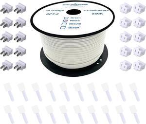 18#SPT-2W 250FT Electrical Wire 18/2 Zip Cord with 20 Vampire Plugs Copper Stranded 18 Gauge 2pin Extension Wire Flexible Wire Outdoor LED Landscape Lighting Wire, White