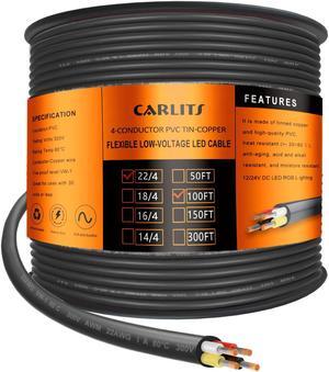 22 Gauge 4 Conductor Electrical Wire, 100FT Black Stranded Low Voltage 22/4 Cable PVC Case, Flexible Extension Power Cord for LED Lamp