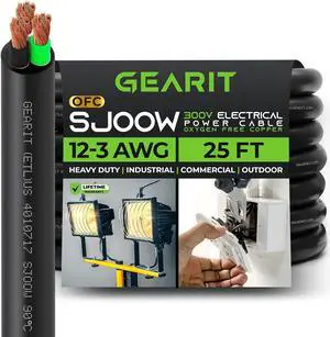 GearIT 12/3 12 AWG Portable Power Cable (25 Feet - 3 Conductor) SJOOW 300V 12 Gauge Electric Wire for Motor Leads, Portable Lights, Battery Chargers, Stage Lights and Machinery -25ft Electrical Cord