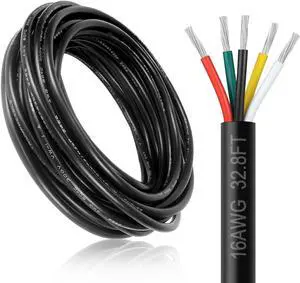 16 Gauge 5 Conductor Electrical Wire, 32.8FT 16AWG Black PVC Stranded Tinned Copper 5 Wire Cable, 16/5 Extension Cable for LED Lamp Lighting, Automotive, Speaker, Access Control, etc.