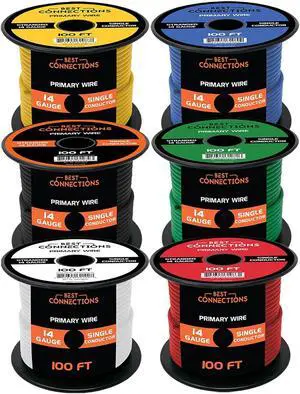 Best Connections 14 Gauge Automotive Primary Wire (100ft Each 6 Color Bundle Set) | Ideal for Trailer, Speaker, and Lighting Circuits | Durable Primary/Remote, Power/Ground Electrical Wiring