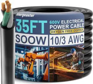 Electric 10/3 SOOW Bulk Cable-10 Gauge 3 Conductor-Rated for 600V, 30A -Water & Oil Resistant Cable for Industrial & Residential Use-Ideal for Generators,Circuits,Data Centers(35 Foot)
