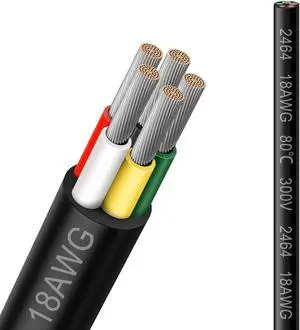18 Gauge 5 Conductor Electrical Wire, 16.5FT 2464 18AWG 5 Wire Cable Black PVC Stranded Tinned Copper, 18/5 Cord Extension Low Voltage Cable