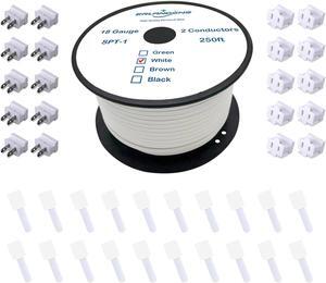 18#SPT-1W 250FT Extension Hookup Electrical Wire 18/2 Zip Cord with 20 Extra Vampire Plugs High Voltage Cable Copper Stranded Wire for LED Strip Ribbon Lamp Tape Landscape Lighting, White