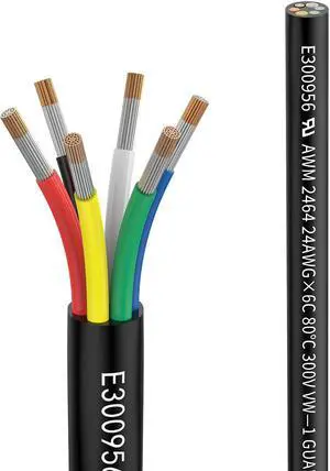 24awg 0.2mm² Electrical Wire 6 Core Extension Cable 20feet UL2464 DC 5V/12V/24V/300V 24 Gauge Oxygen Free Stranded Tinned Copper Wire