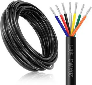 20 Gauge 7 Conductor Electrical Wire, 50FT 20AWG Black PVC Stranded Tinned Copper 7 Wire Cable, 20/7 Cord Extension Cable