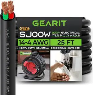 GearIT 14/4 14 AWG Portable Power Cable (25 Feet - 4 Conductor) SJOOW 300V 14 Gauge Electric Wire for Motor Leads, Portable Lights, Battery Chargers, Stage Lights and Machinery -25ft Electrical Cord