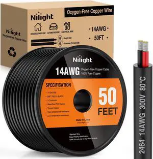 Nilight 50FT 14AWG Oxygen-Free Copper Wire Red Black Electrical Wire Stranded PVC Cord 2 Conductor Parallel 300V DC Flexible Extension Cords for LED Strips Lamps Lighting