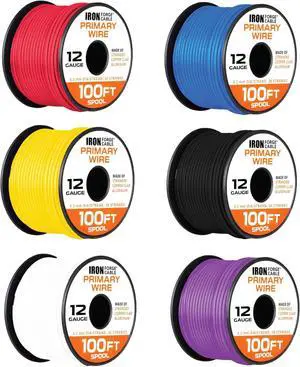 Iron Forge Cable 12 Gauge Primary Automotive Wire - 6 Roll Bulk Assortment Pack - 12 AWG Auto Wires - 100 Ft Copper Clad Aluminum Wire per Roll
