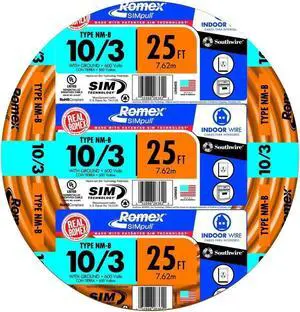Southwire 63948421 25' 10/3 with ground Romex brand SIMpull residential indoor electrical wire type NM-B; Orange