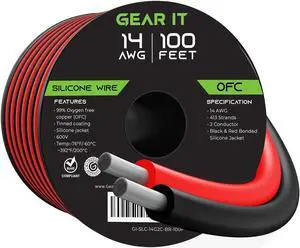 GearIT 14 Gauge Silicone Wire 600V (Bonded Black/Red - 100 Feet) 14AWG Tinned OFC Oxygen Free Copper Stranded Soft Flexible Wires for Primary, Electrical, Car/Auto, Trailer, Amp - 14ga 100ft