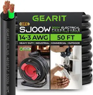 GearIT 14/3 14 AWG Portable Power Cable (50 Feet - 3 Conductor) SJOOW 300V 14 Gauge Electric Wire for Motor Leads, Portable Lights, Battery Chargers, Stage Lights and Machinery -50ft Electrical Cord