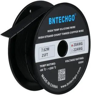 BNTECHGO 20 Gauge Silicone Ribbon Cable Flexible 10P Black 25 ft Flat Cable 20 AWG Stranded Tinned Copper Wire