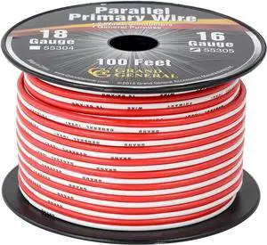 Grand General 55305 Parallel Primary 2-Wire 100ft Roll with Spool For Trucks, Automobile and More  Red & White