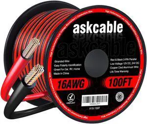 16Gauge 100FT Electrical Wire Cable Flexible Wire Extension Cord 16AWG Copper Clad Aluminum Copper Wire 2 Conductors Red Black Parallel Wire line Hookup LED Lighting Strips 12V/24V DC Cable