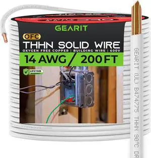 GearIT Solid THHN Wire (14 Gauge, 200 Feet) 100% OFC Electrical Building Wire, Rated for Up to 600 Volts, Single Conductor, Nylon Jacket, UL Listed/RoHs Compliant - White, 200ft