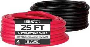 Iron Forge Cable 6 Gauge Primary Wire 2 Pack - 25ft Copper Clad Aluminum Wire - 1 Red and 1 Black