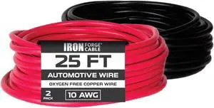 Iron Forge Cable 10 Gauge Primary Wire 2 Pack - 25ft Pure OFC Oxygen Free Copper Wire - 1 Red and 1 Black