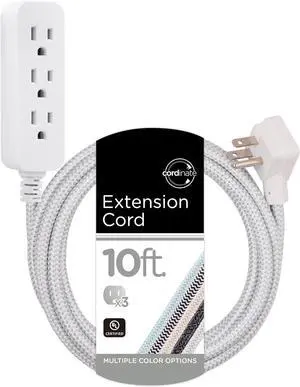 Cordinate 3 Outlet Power Strip Surge Protector Indoor Outdoor Extension Cord 16 Gauge 10 Ft 3 Prong Braided Extension Cords Flat Extension Cord Heavy Duty ETL Listed White 37914