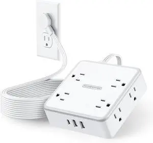 NTONPOWER Surge Protector Power Strip, Flat Extension Cord 15 FT with 8 Widely Outlets 3 USB Ports, 1080J Surge Protector Extension Cord with USB Ports, Outlet Extender for Home, Office, Dresser, Dorm
