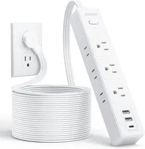 NTONPOWER Flat Extension Cord 15 ft, 1080J Surge Protector with Long Cord, 1625W Overload Protection, 6 Widely Outlets and 3 USB Ports(1 USB C), Ultra Thin Flat Plug Extension Cord for Home, Dorm Room