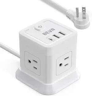 BEVA Power Strip with USB - 5ft Long Extension Cord with 4 Widely Spaced Outlets and 3 USB Ports Cube Desktop Charging Station, Overload Protection, Compact for Travel, Cruise Ship and Dorm