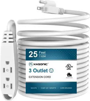 25-Feet 3 Outlet Extension Cord, Kasonic UL Listed, 16/3 SJTW 3-Wire Grounded, 13 Amp 125 V 1625 Watts, Multi-Outlet Indoor/Outdoor Use, White