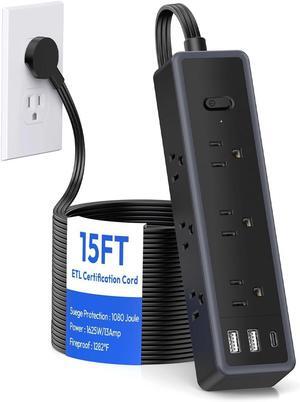 Flat Extension Cord 15 FTSurge Protector Power Strip with 9 Widely Outlets and 3 USB Ports (1 USB-C), Flat Extension Cord with Multiple Outlets, 1080 Joule, Wall Mount, for Home Office, Dorm,Black