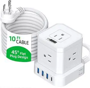 Cube Power Strips with Surge Protection, 10ft Extension Cord with Multiple Outlets, 5 Ac Plugs, 3 USB, 1 Usbc Fast Charging Power Strip with USB Ports, Mountable On/Off Switch Charging Station