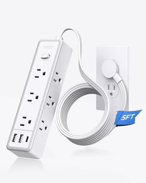 Surge Protector Power Strip, Flat Extension Cord with 9 Widely Outlets 3 USB Ports(1 USB-C), 1080 Joules, 5 FT, Multiple Outlets, Wall Mount, Flat Plug for Indoor Home Office, Dorm Essentials, White