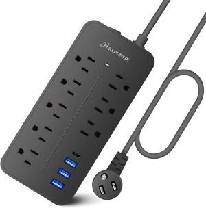 15FT Surge Protector Power Strip Extension Cord with USB C, Asamoom Flat Plug Power Strip with Long Cord, 8 Outlets and 3 USB A & 1 USB-C Port,1700J Wall Mount Desk Multiple Outlets Black