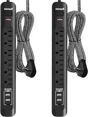 2 Pack Power Strip Surge Protector with USB Port, 6 AC Outlets with 3 USB Port(2 USB-A,1 USB-C) and 10FT Extension Cord Flat Plug for Home, Office, Travel, Wall Mount, Black, ETL Listed