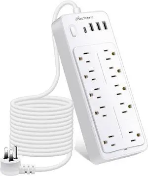 15 FT Power Strips with Surge Protection (1700J,10 Outlets with 4 USB Ports (1 USB C) Long Extension Cord with Multiple Outlets 16Awag 1625W/13A Flat Plug Power Strip Protector White, (EL100)