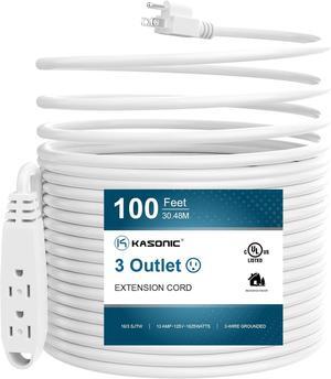 K KASONIC - 100-Feet 3 Outlet Extension Cord, UL Listed, 16/3 SJTW 3-Wire Grounded, 10 Amp 125 V 1625 Watts, Multi-Outlet Indoor/Outdoor Use, White