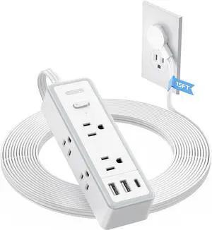 NTONPOWER Flat Plug Power Strip, 15 ft Extension Cord Surge Protector, 6 Widely AC Outlets with 3 USB Ports(1 USB C), Wall Mount, 3-Side Surge Protector Power Strip(1080J), Compact for Small Spaces