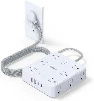Surge Protector Power Strip with USB Ports, 5Ft Braided Ultra Thin Flat Plug Extension Cord Power Strip with 3-Side 12 Widely Outlets, Wall Mount Overload Protection, Desk Charging Station