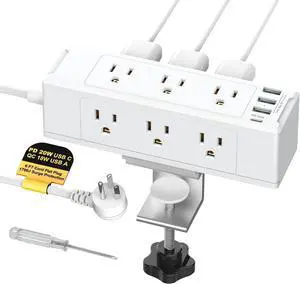 Desk Clamp Power Strip with USB Port, Desk Outlet 1700 Joules Surge Protector Power Strip, Desk Edge Mount Outlets with 9 Outlets and 4 USB Ports, Removable Clamp Power Strip, 6 FT Flat Plug