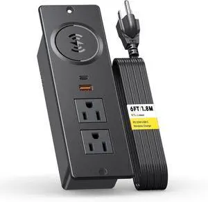 Kungfuking Recessed Power Strip with 20W USB C, ETL Listed Flush Mount Desk Outlet 10W Wireless Charging Station with 2 Outlets & 2 USB Ports, Furniture Outlet for Nightstand/End Table/Side Table