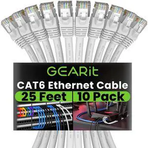 GEARit Cat 6 Ethernet Cable (10-Pack 25 Feet) Cat6 Network Patch, 10Gbps, RJ45, Snagless Cord, Gold-Plated Connectors, Internet for PC, TV, Tablet, Router, Printer, Servers, IT Data Center - White
