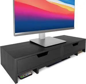Computer Monitor Stand Riser with 2 Storage Drawers for Desk, Premium Bamboo Monitor Shelf for Laptop Computer iMac, No Assembly Required, Black