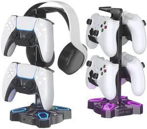 KDD Gaming Headphones Stand, Rotatable Headset Stand with Light Modes - Controller Holder with 2 USB Charging Ports and 3.5mm - Earphone Hanger Accessories for Desktop Gamer(Black)