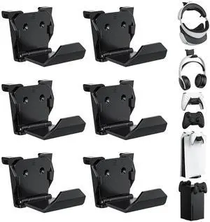 KUNSLUCK 6 Pack Controller Wall Mount  Universal Game Controller Holder for PS5, Xbox, Switch  Adhesive or Screw Installation  Headset & Controller Storage Hook (Black)