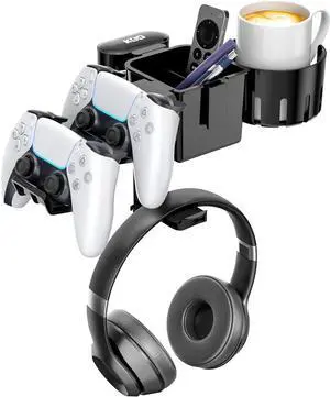 KDD 5 in 1 Desk Controller Holder - Rotating Headphone Hanger with Cup Holder - Clamp On Desk Organizer Holds Controller, Headphone, Cup, Mobile phone and Pen(Black)