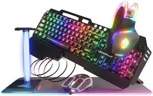 GAME PUNK 6-Piece Codebreakers PC Gaming Bundle with Large RGB Mousepad, RGB Mechanical Keyboard Hub, Gaming Headset, RGB Headset Stand, Gaming Mouse, and 3-Foot RGB Light Strip