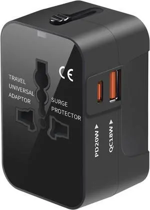 Universal Travel Adapter with 3.0A PD USB-C & QC USB-A Ports, Fast Charging International Plug Adapter, Worldwide Wall Charger AC Power Plug Converter Adaptor for US to EU UK AUS Asia