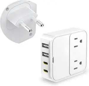 VHBW European Travel Plug Adapter,20W USB C Wall Charger Fast Charger with 2 AC Outlets, 2 USB-C Ports, 2 USB-A Ports,Type C EU Plug Charger for US to Europe Spain Italy France