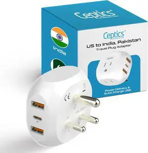 Ceptics India, Pakistan Travel Adapter - 5 Input with QC 3.1A Dual USB and USB-C - Ultra Compact - Light Weight - USA to Any Type D Countries Such as Bangladesh, Maldives and More (PTU-10), White