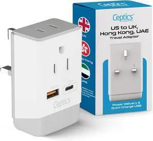 Ceptics UK Ireland Hong Kong Plug Adapter, International Power Plug with USB & USB-C - 2 USA Socket, QC 3.0 & PD - Type G Outlet Adapter for USA to British England Scotland London - Fast Charging