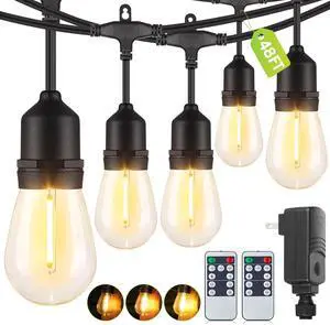 48FT Outdoor String Lights with Remote, Dimmable Patio Lights with 15+2 LED Waterproof Shatterproof Bulbs 3 Modes 4 Timers for Backyard, Black